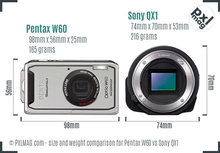 Pentax W60 vs Sony QX1 size comparison