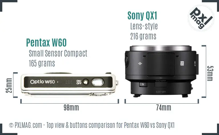 Pentax W60 vs Sony QX1 top view buttons comparison