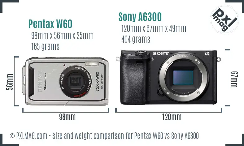 Pentax W60 vs Sony A6300 size comparison