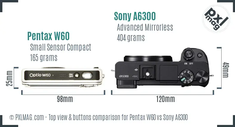 Pentax W60 vs Sony A6300 top view buttons comparison