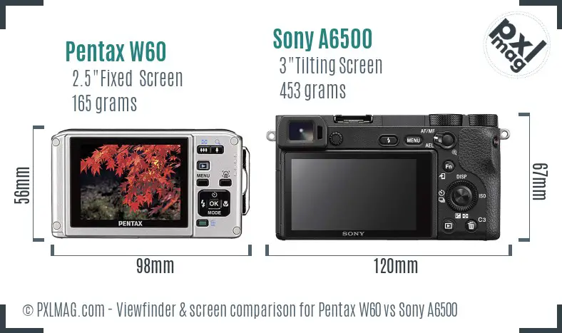 Pentax W60 vs Sony A6500 Screen and Viewfinder comparison Pentax W60 vs Sony A6500 Screen and Viewfinder comparison