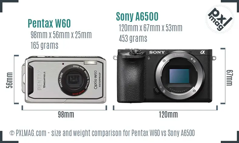 Pentax W60 vs Sony A6500 size comparison Pentax W60 vs Sony A6500 size comparison