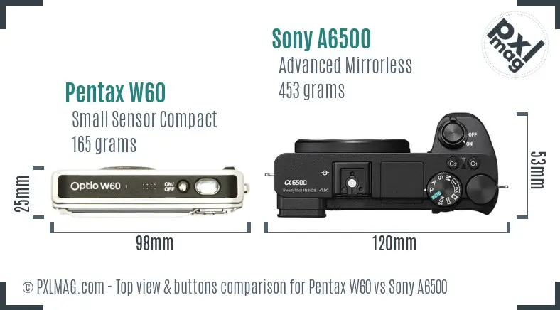 Pentax W60 vs Sony A6500 top view buttons comparison Pentax W60 vs Sony A6500 top view buttons comparison