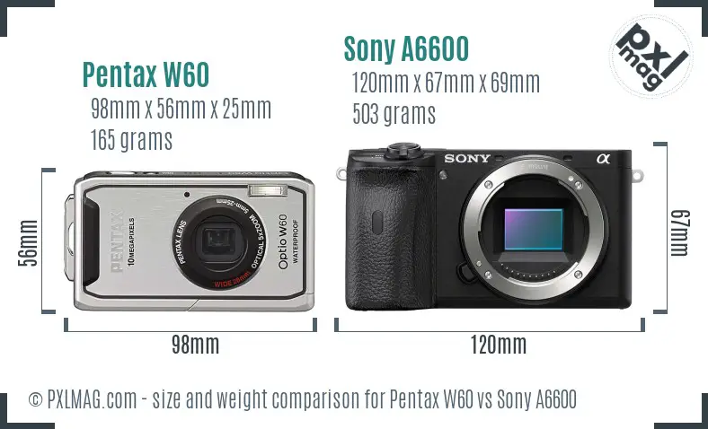 Pentax W60 vs Sony A6600 size comparison
