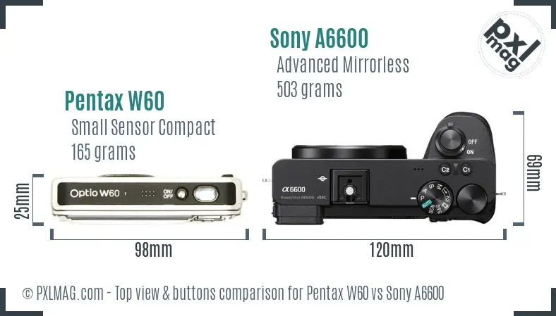 Pentax W60 vs Sony A6600 top view buttons comparison
