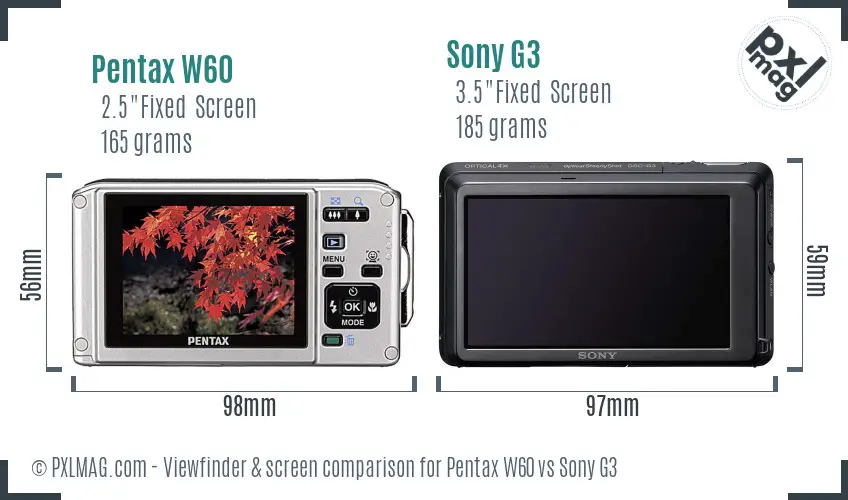 Pentax W60 vs Sony G3 Screen and Viewfinder comparison