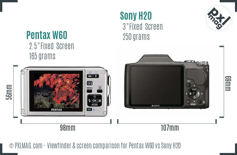 Pentax W60 vs Sony H20 Screen and Viewfinder comparison