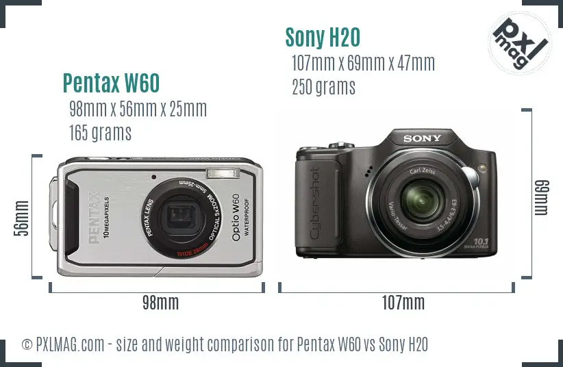 Pentax W60 vs Sony H20 size comparison