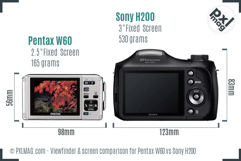 Pentax W60 vs Sony H200 Screen and Viewfinder comparison