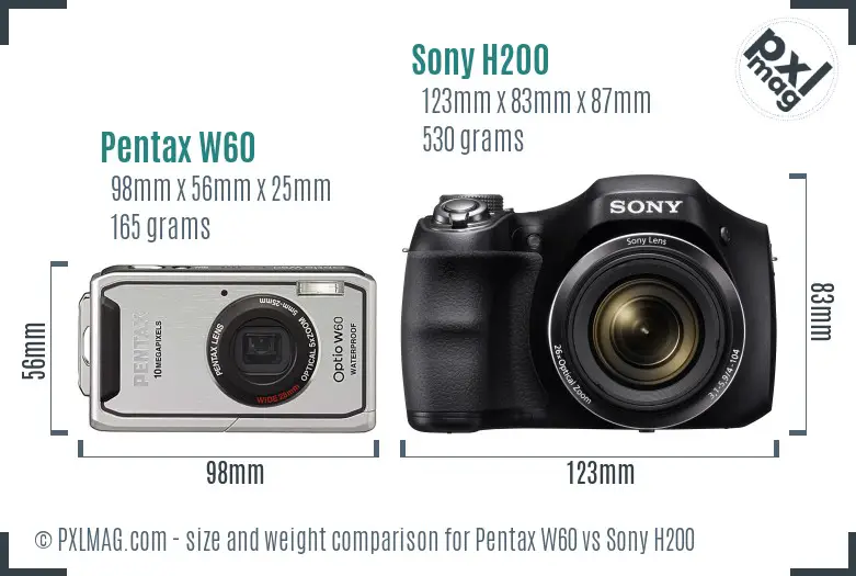 Pentax W60 vs Sony H200 size comparison