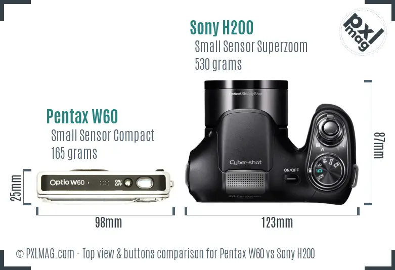 Pentax W60 vs Sony H200 top view buttons comparison