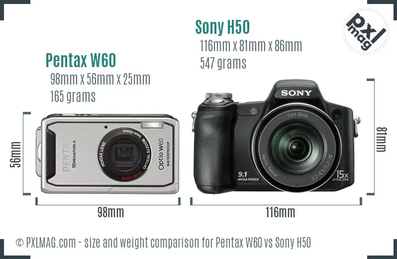 Pentax W60 vs Sony H50 size comparison