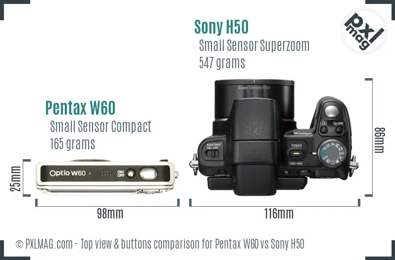 Pentax W60 vs Sony H50 top view buttons comparison