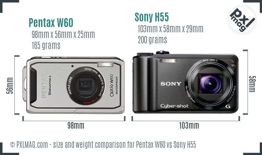 Pentax W60 vs Sony H55 size comparison