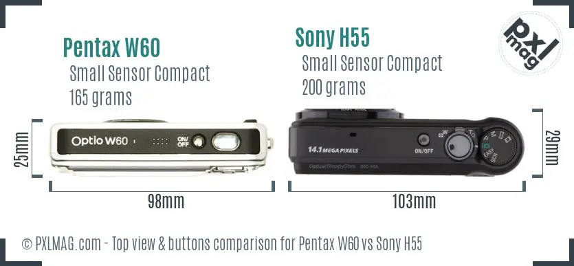 Pentax W60 vs Sony H55 top view buttons comparison