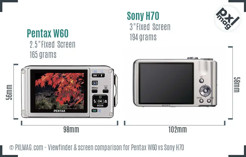 Pentax W60 vs Sony H70 Screen and Viewfinder comparison