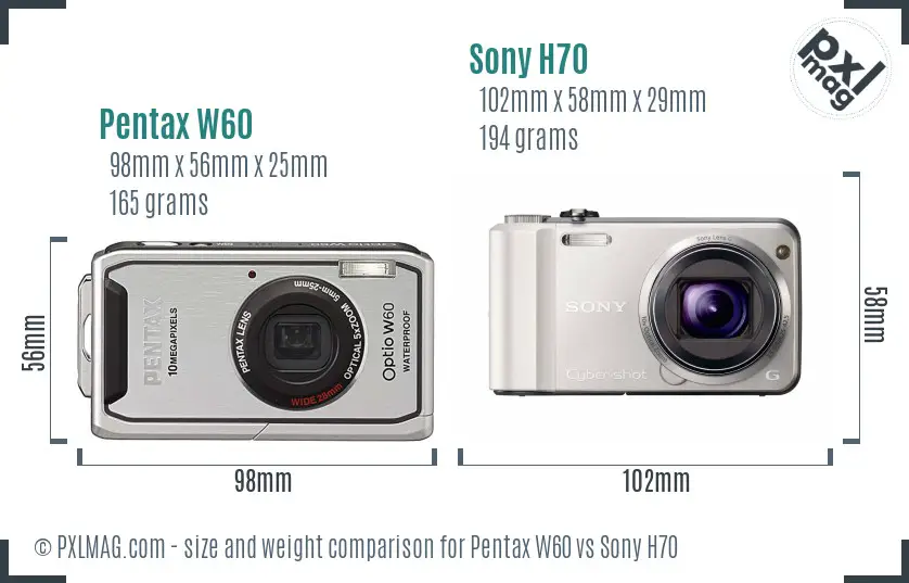 Pentax W60 vs Sony H70 size comparison