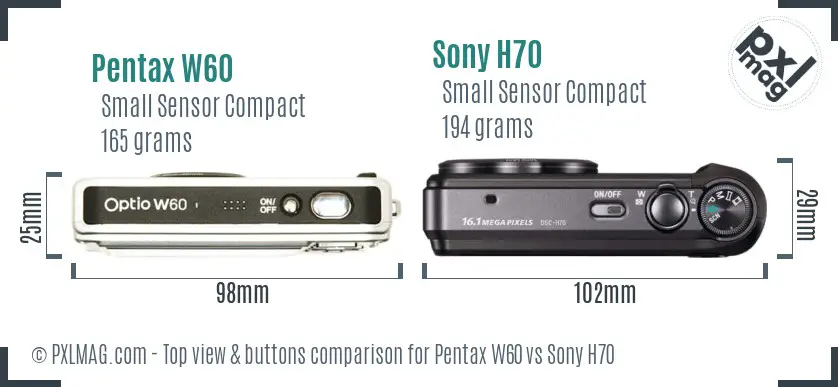 Pentax W60 vs Sony H70 top view buttons comparison