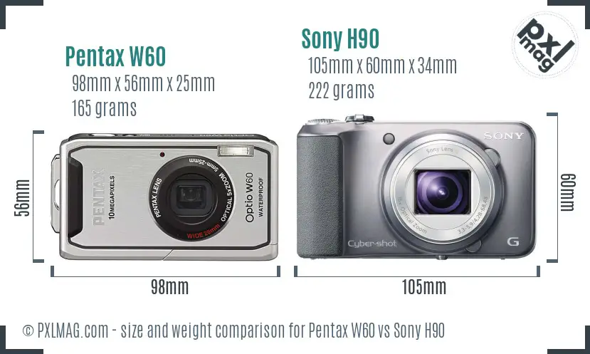 Pentax W60 vs Sony H90 size comparison