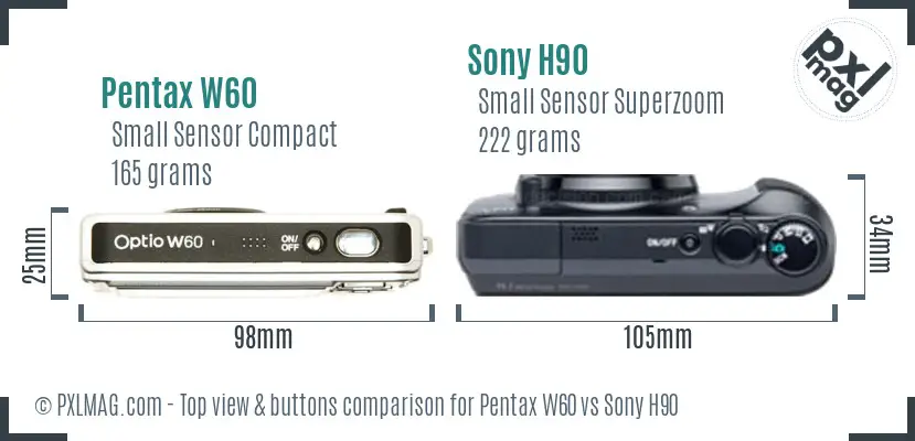 Pentax W60 vs Sony H90 top view buttons comparison
