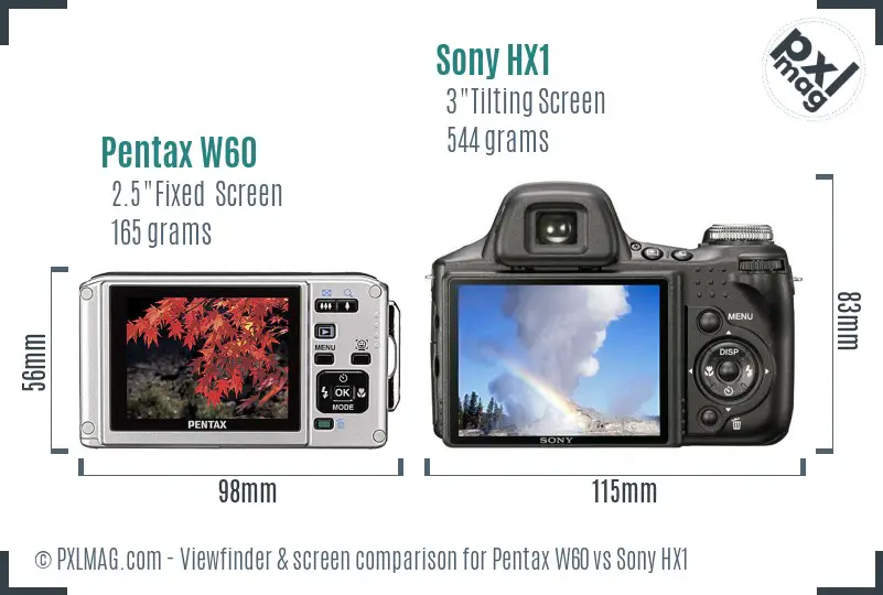 Pentax W60 vs Sony HX1 Screen and Viewfinder comparison