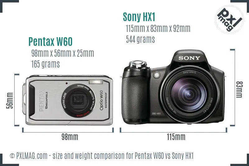 Pentax W60 vs Sony HX1 size comparison