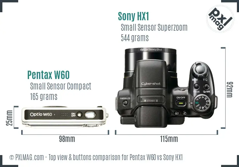 Pentax W60 vs Sony HX1 top view buttons comparison