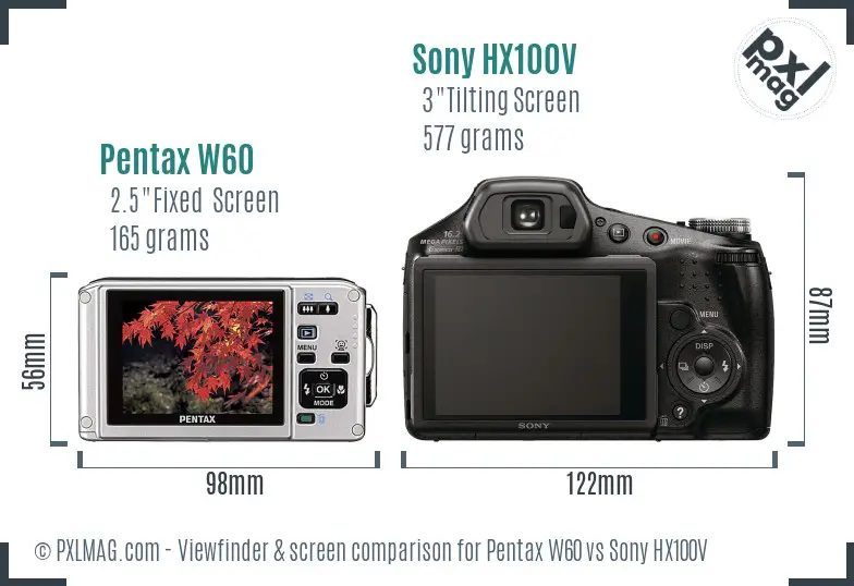 Pentax W60 vs Sony HX100V Screen and Viewfinder comparison