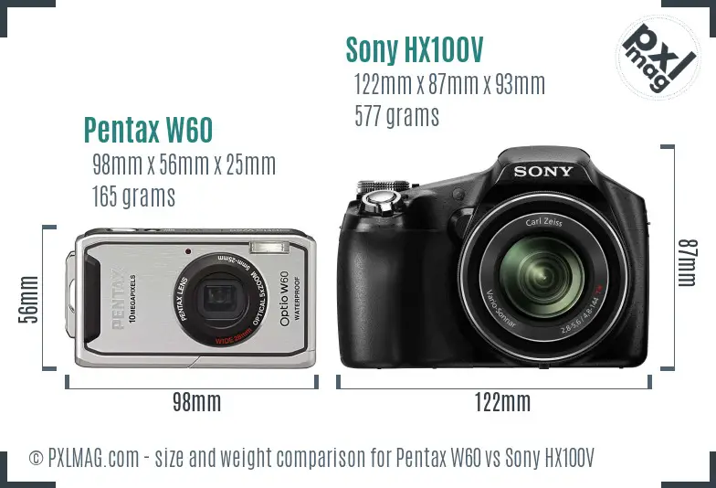 Pentax W60 vs Sony HX100V size comparison