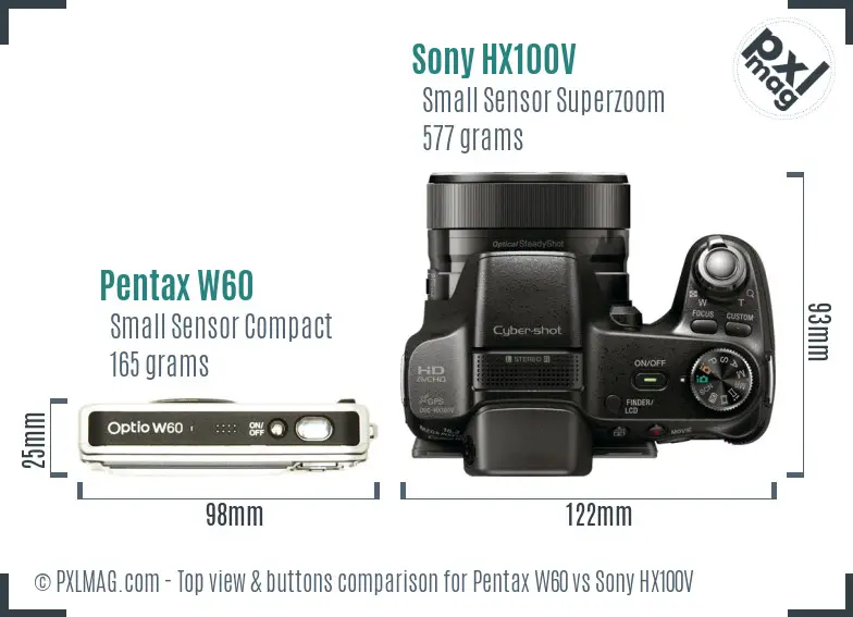 Pentax W60 vs Sony HX100V top view buttons comparison