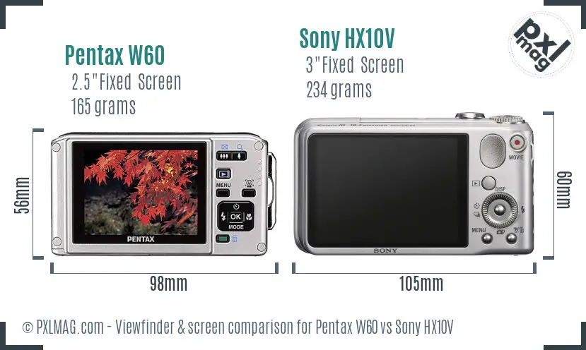 Pentax W60 vs Sony HX10V Screen and Viewfinder comparison