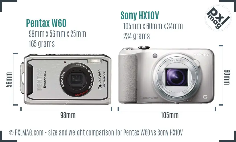 Pentax W60 vs Sony HX10V size comparison