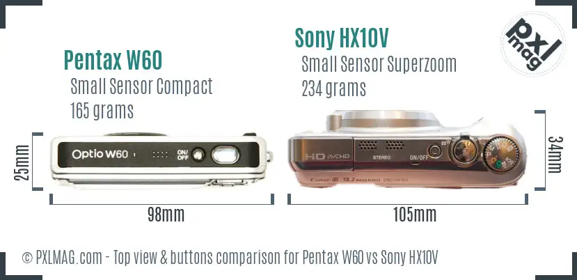 Pentax W60 vs Sony HX10V top view buttons comparison