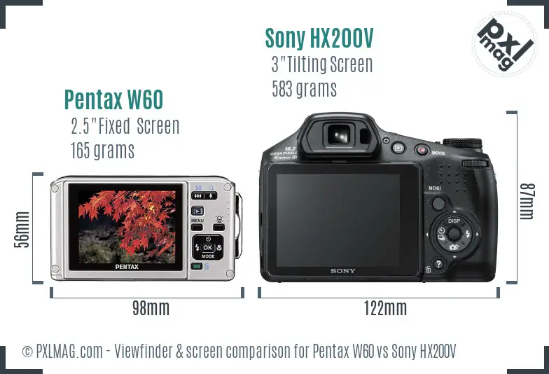 Pentax W60 vs Sony HX200V Screen and Viewfinder comparison Pentax W60 vs Sony HX200V Screen and Viewfinder comparison