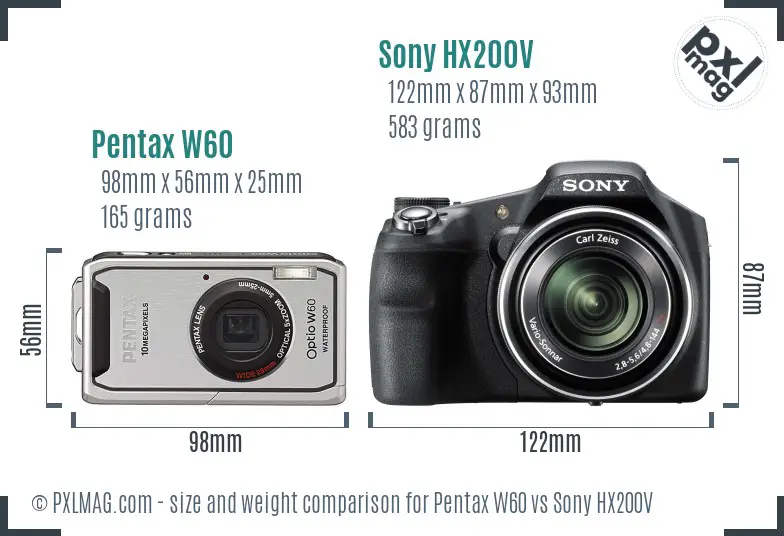 Pentax W60 vs Sony HX200V size comparison Pentax W60 vs Sony HX200V size comparison