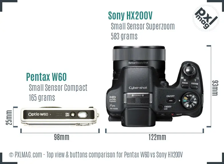 Pentax W60 vs Sony HX200V top view buttons comparison Pentax W60 vs Sony HX200V top view buttons comparison