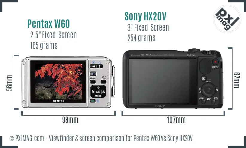 Pentax W60 vs Sony HX20V Screen and Viewfinder comparison