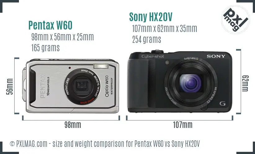 Pentax W60 vs Sony HX20V size comparison