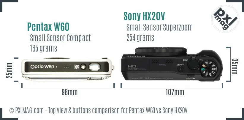 Pentax W60 vs Sony HX20V top view buttons comparison