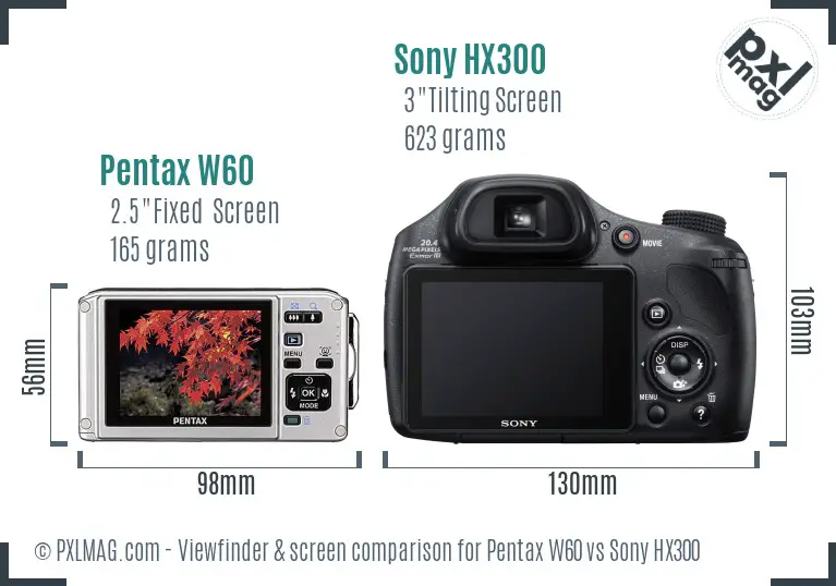 Pentax W60 vs Sony HX300 Screen and Viewfinder comparison