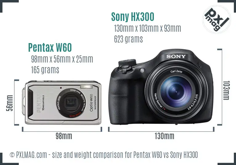 Pentax W60 vs Sony HX300 size comparison