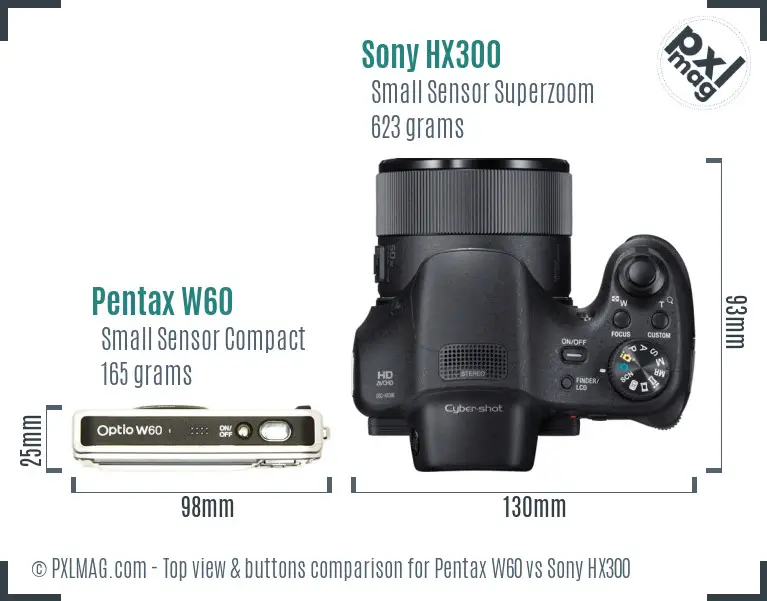 Pentax W60 vs Sony HX300 top view buttons comparison