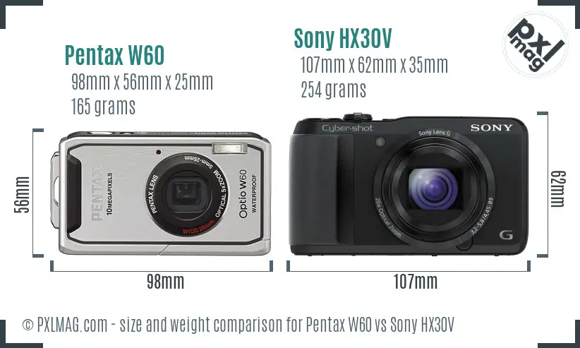 Pentax W60 vs Sony HX30V size comparison