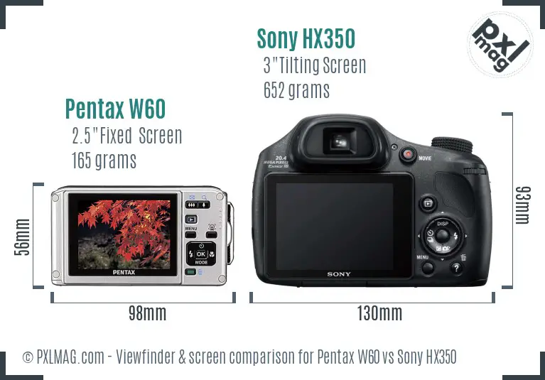 Pentax W60 vs Sony HX350 Screen and Viewfinder comparison Pentax W60 vs Sony HX350 Screen and Viewfinder comparison