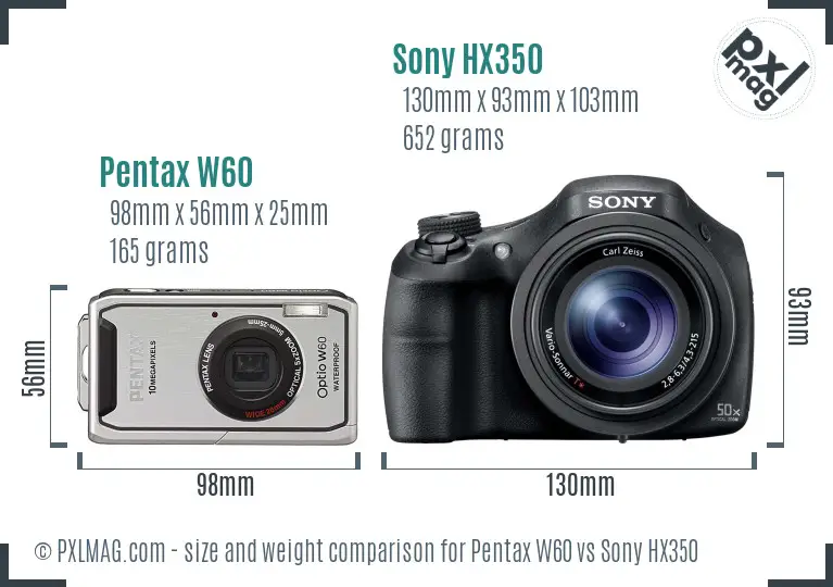 Pentax W60 vs Sony HX350 size comparison Pentax W60 vs Sony HX350 size comparison