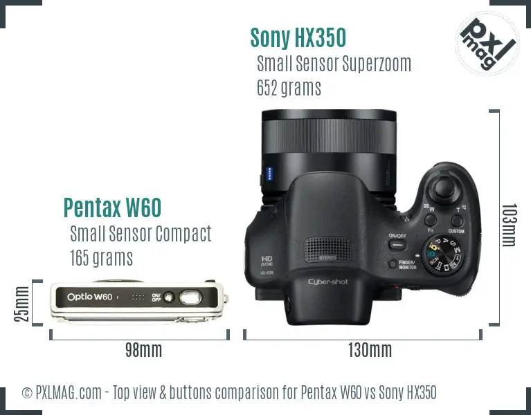 Pentax W60 vs Sony HX350 top view buttons comparison Pentax W60 vs Sony HX350 top view buttons comparison