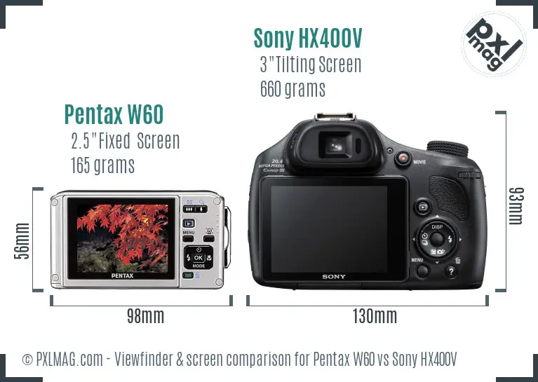 Pentax W60 vs Sony HX400V Screen and Viewfinder comparison