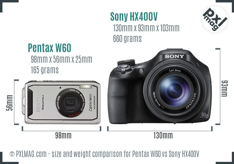 Pentax W60 vs Sony HX400V size comparison