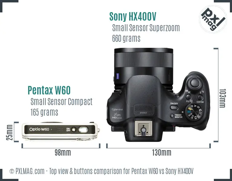 Pentax W60 vs Sony HX400V top view buttons comparison