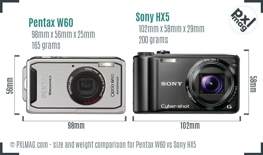Pentax W60 vs Sony HX5 size comparison